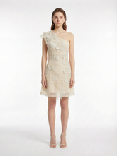 One-Shoulder 3D Floral Embroidered Tulle Mini Dress