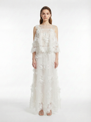 White Sheer Lace Two-Piece Set with Handmade 3D Floral Appliqués