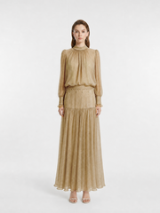 Shimmer Gold Mesh Two-Piece Set: High-Neck Blouse & Maxi Skirt