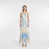 Ocean-Print Silk Crepe Cami & Skirt Set with Handmade Shell Embellishments