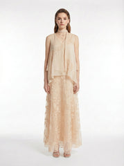 V-Neck Neck Tie Irregular Hem Sleeveless Top All Over 3D Floral Lace Flowy Maxi Skirt Two-Piece Set