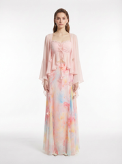 Pastel Watercolor Print Silk Georgette Three-Piece Set (Cami, Kimono & Maxi Skirt)