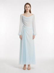 Cowl Neck Silk Chiffon Top & Lace Corset Waist Skirt Set, Two Colors Available