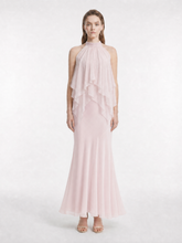 100% Silk Light Pink Halter Neck Top with Lace Trim and Asymmetric Ruffles