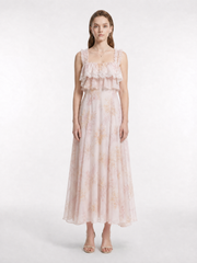 Soft Pink Gradient Blush Floral Square Neck Double Tier Ruffle Flutter Strap Loose Flow Maxi Dress