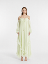 Pale Green Cold-Shoulder Tie Pearl 100% Mulberry Silk Crepon Maxi Dress