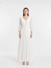 V-Neck Silk Crepon & Lace Beaded Maxi Dress, Two Colors Available
