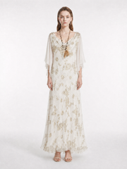 Vintage Gold Floral Burnout Jacquard Cowl Neck Draped Double Layer Ruffle Flutter Sleeve Slim Flow Silk Maxi Dress
