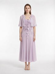Lavender Silk Georgette Lace Applique Slip Maxi Dress with Detachable Sleeves & Beaded Flower Centers