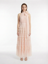 100% Silk Crepon Halter Maxi Dress with Handmade Flower & Lace Tier Details