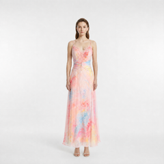 Pastel Watercolor Print Silk Georgette Slip Maxi Dress with Lace & Crystal Beading