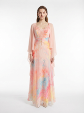 Pastel Watercolor Print Silk Georgette Slip Maxi Dress with Lace & Crystal Beading