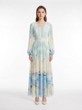 Ocean-Print V-Neck Silk Crepe Maxi Dress with Handmade Shell Embellishments