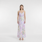 Purple-Tone Original Watercolor Floral Silk Iridescent Jacquard Cowl Neck Slip Maxi Dress