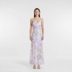 Purple-Tone Original Watercolor Floral Silk Iridescent Jacquard Cowl Neck Slip Maxi Dress