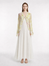 Yellow Green Vintage Floral Print V-Neck Front Twist Irregular Hem Long Sleeve Lightweight Silk Cover Up