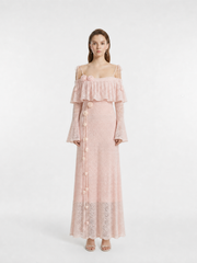 Off-Shoulder Ruffle Wool Knit Maxi Dress with Handmade Crochet Belt, Two Colors Available