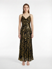 Black & Gold Paisley Jacquard Silk Cowl Neck Slip Maxi Dress (long version)