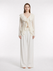 V-Neck Double Layer Ruffle Trim Front Tie Drawstring Fitted Sheer Textured Knit Long Sleeve Crop Top