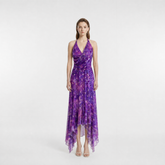 Peacock Print Silk Halter Midi Dress with Asymmetric Hem