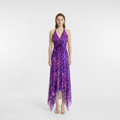 Peacock Print Silk Halter Midi Dress with Asymmetric Hem