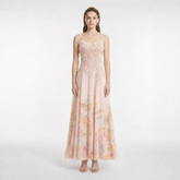 100% mulberry silk Blush Pink Floral Print Maxi Slip Dress with handmade 3D Appliqué Bodice and Full Skirt