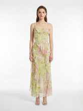 Yellow-Pink Floral Print 100% Mulberry Silk Cami Maxi Dress with Cowl Neck and Ruffle Asymmetric Hem