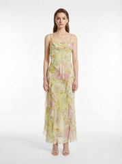 Yellow-Pink Floral Print 100% Mulberry Silk Cami Maxi Dress with Cowl Neck and Ruffle Asymmetric Hem