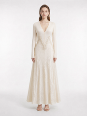 Knit & Silk Velvet Burnout Maxi Dress with Handmade Lace & Beaded Waist