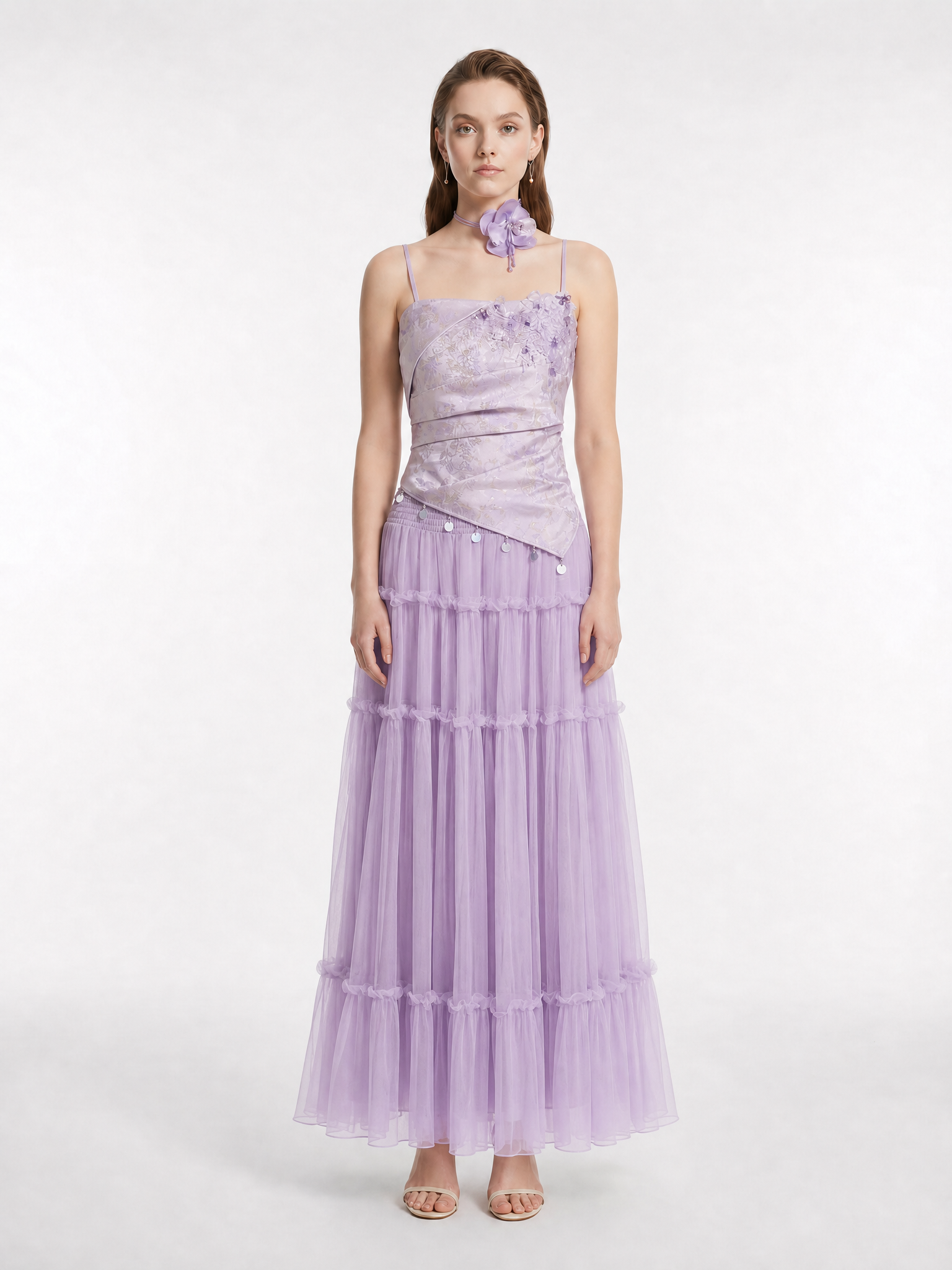New Chinese Jacquard Twisted Ruched Fitted Spaghetti Strap Multi-Tier Ruffle Tulle A-Line Silk Maxi Skirt Two-Piece Set