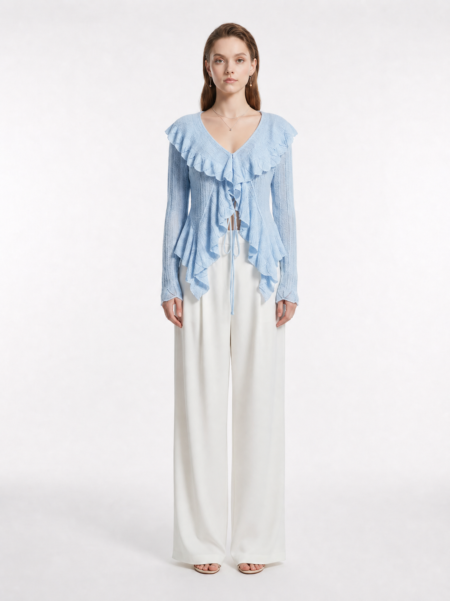 V-Neck Double Layer Ruffle Trim Front Tie Drawstring Fitted Sheer Textured Knit Long Sleeve Crop Top