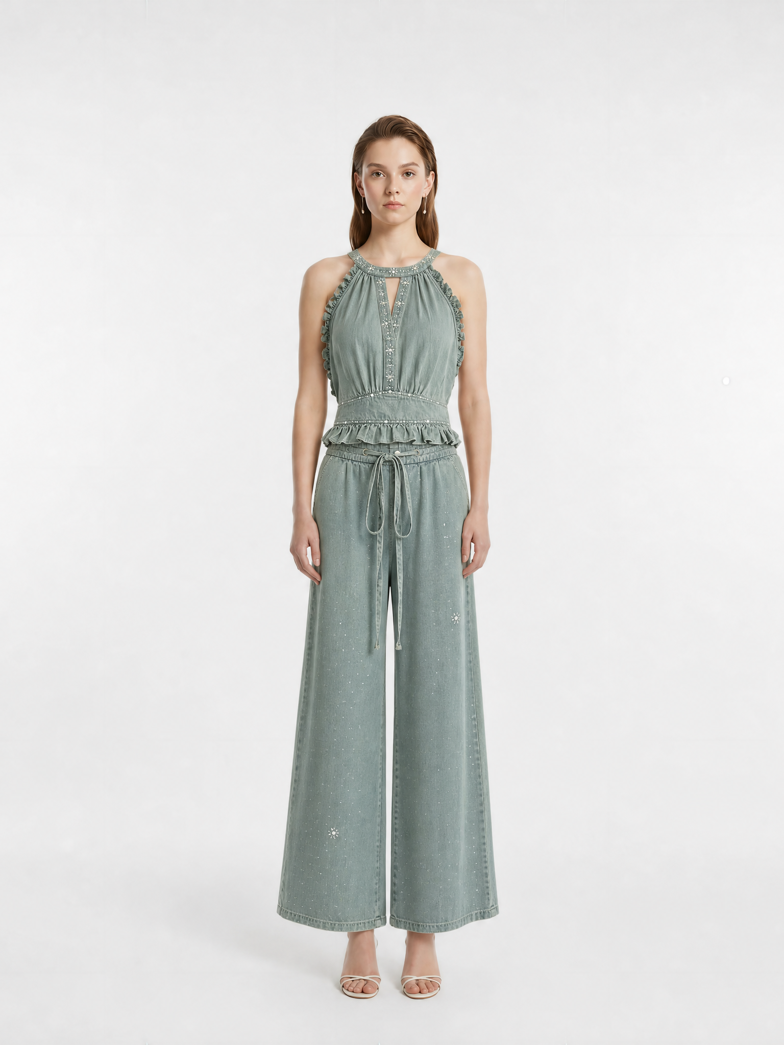 Halter Scalloped Edge Rhinestone Gathered Camisole Elastic Waist Drawstring Rhinestone Wide Leg Pant Two-Piece Set
