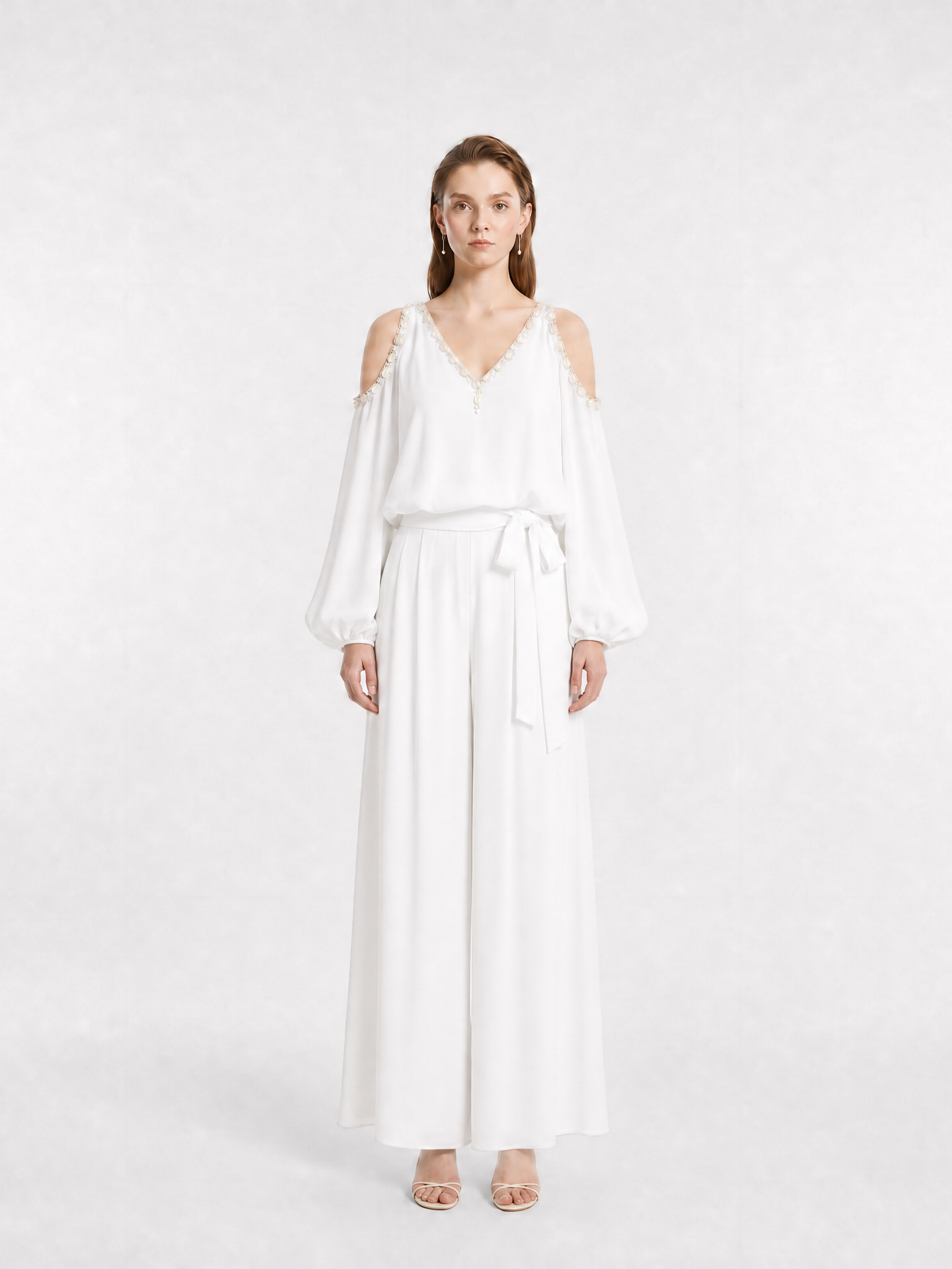 Cold Shoulder Shell Beaded 100% Silk Crepe Two-Piece Set, Top & Wide-Leg Pants, Two Colors Available