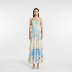 Ocean-Print Silk Crepe Cami & Skirt Set with Handmade Shell Embellishments