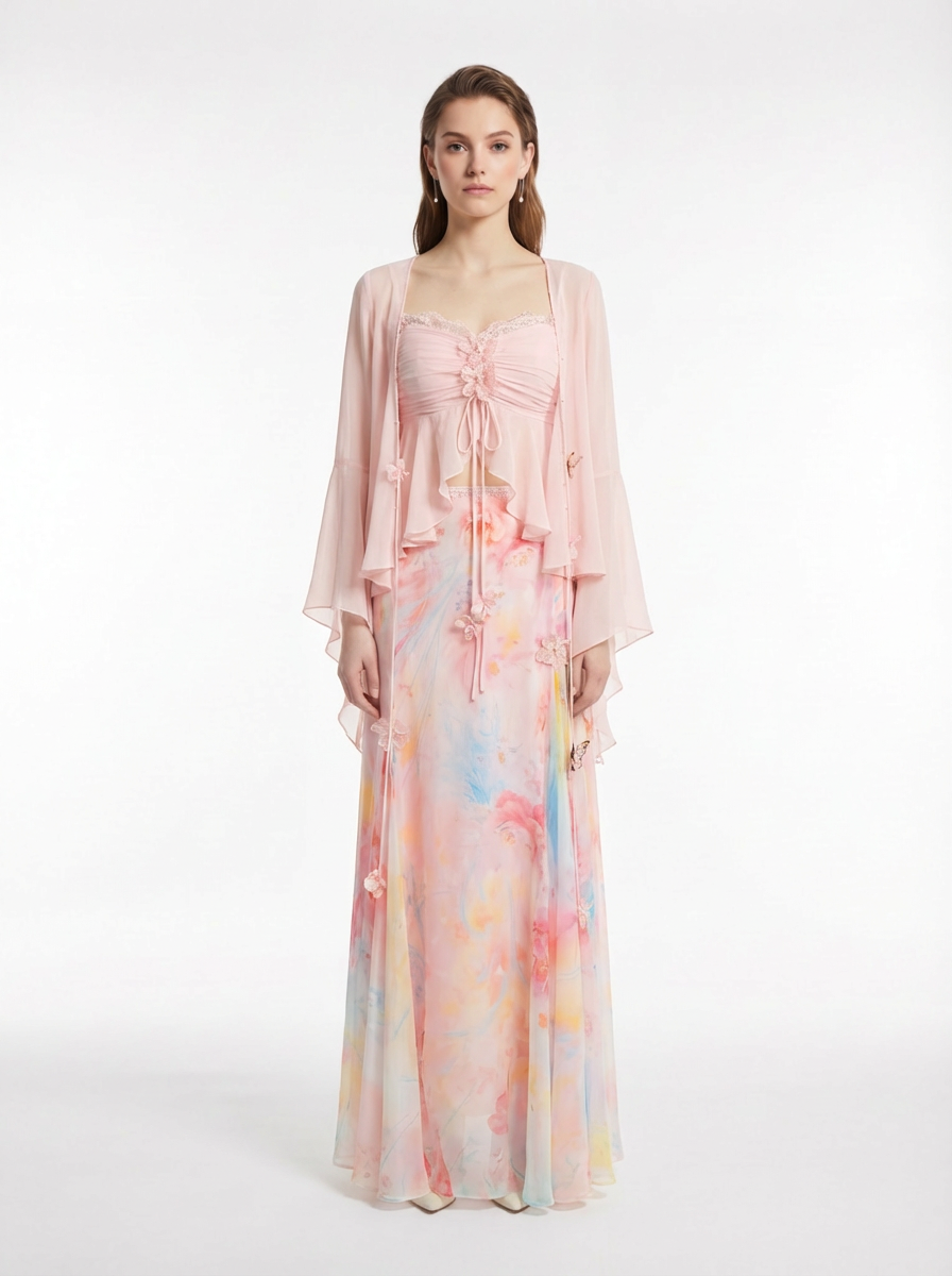 Pastel Watercolor Print Silk Georgette Three-Piece Set (Cami, Kimono & Maxi Skirt)