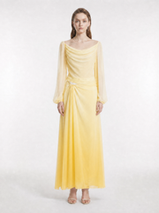 Cowl Neck Silk Chiffon Top & Lace Corset Waist Skirt Set, Two Colors Available