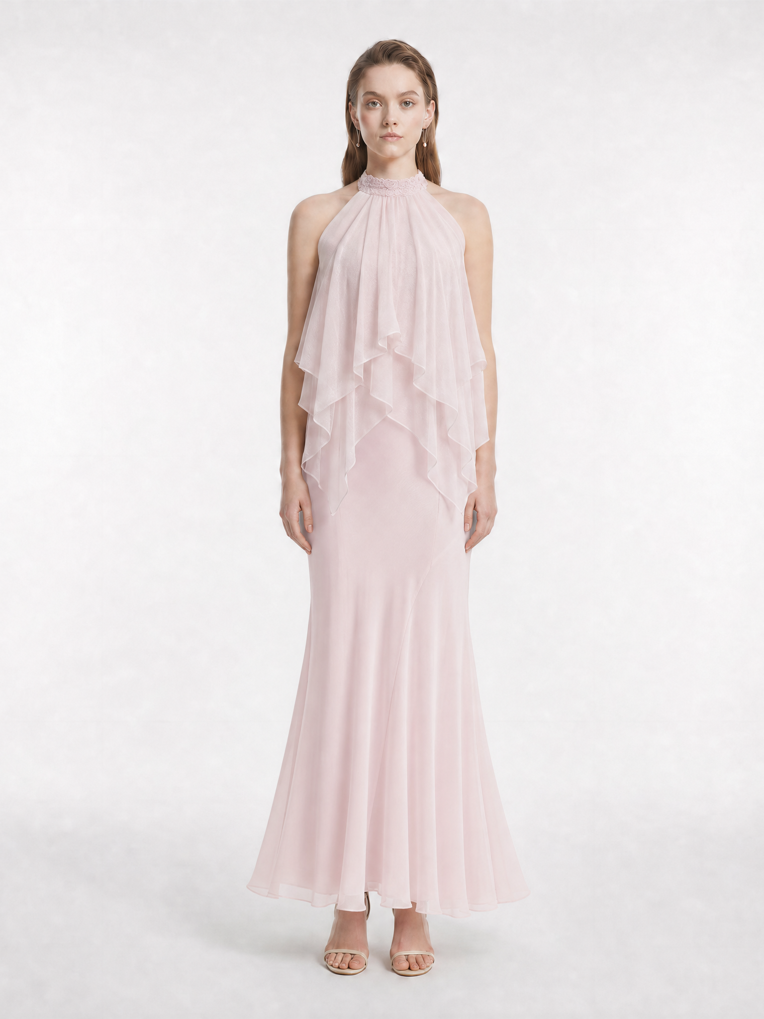 100% Silk Light Pink Halter Neck Top with Lace Trim and Asymmetric Ruffles