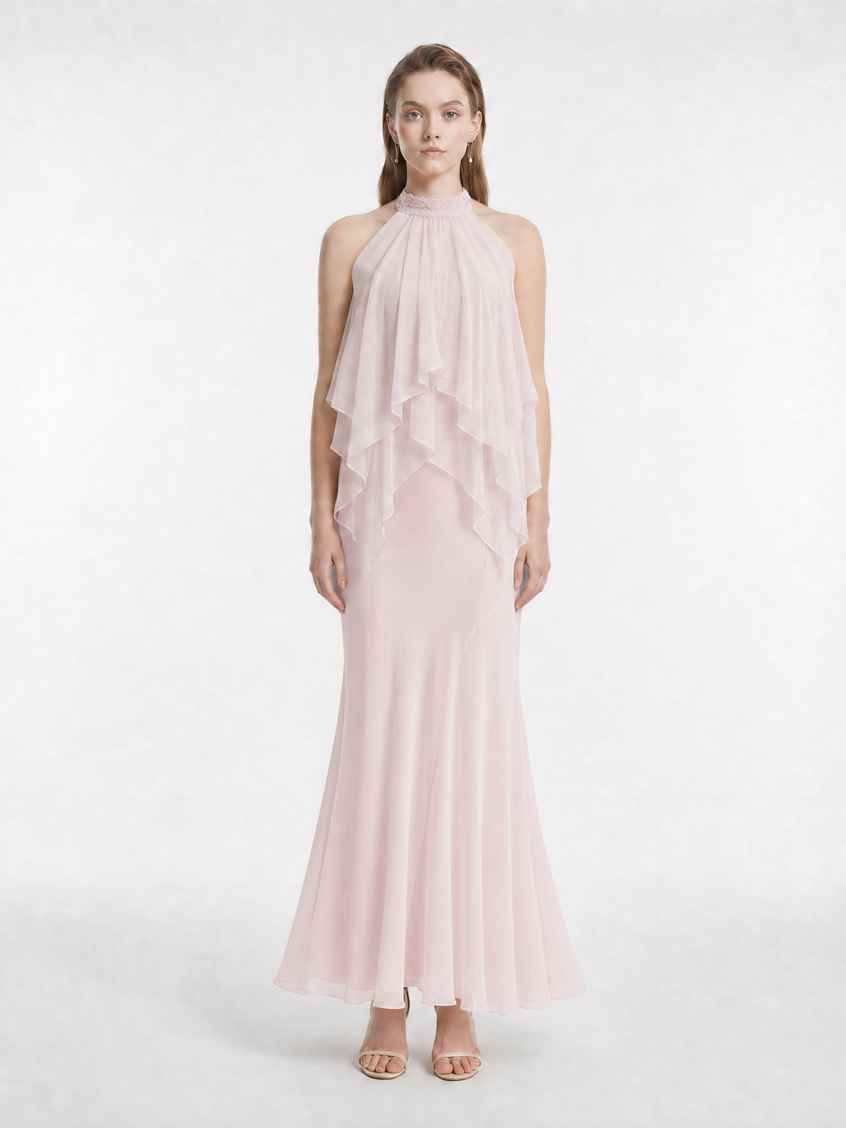 100% Silk Light Pink Halter Neck Top with Lace Trim and Asymmetric Ruffles