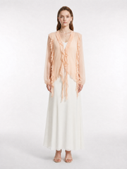 V-Neck Handmade Ruffle Picot Trim Front Tie Sash Asymmetrical Long Sleeve Lightweight Silk Cover Up