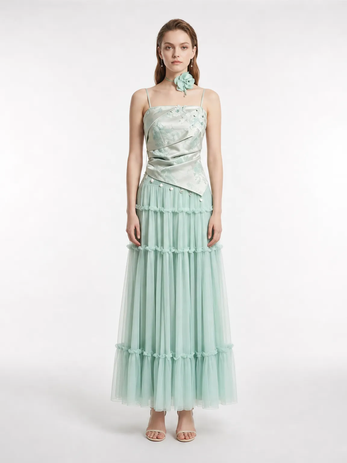 New Chinese Jacquard Twisted Ruched Fitted Spaghetti Strap Multi-Tier Ruffle Tulle A-Line Silk Maxi Skirt Two-Piece Set
