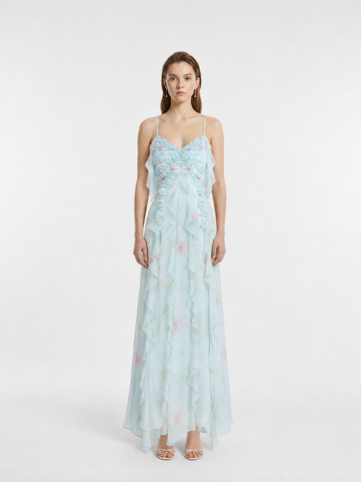 Light Blue Watercolor Floral Print Sweetheart V-Neck Handmade 3D Appliqué Flowy Ruffle Spaghetti Strap Maxi Dress