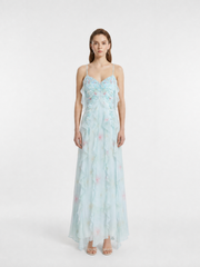 Light Blue Watercolor Floral Print Sweetheart V-Neck Handmade 3D Appliqué Flowy Ruffle Spaghetti Strap Maxi Dress
