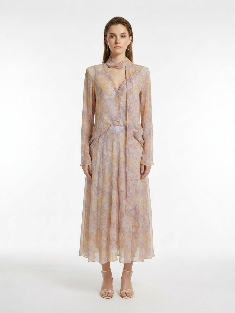 Soft Blurred Floral Print Lapel Neck Bow Tie Long Sleeve Blouse High Waist Full Midi Skirt Two-Piece Set