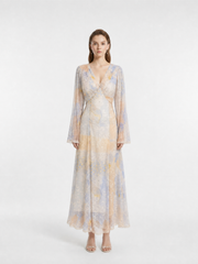 V-Neck Waist-Cinched Lurex Silk Crepon Printed Maxi Dress with Lace Trim Flare Sleeve