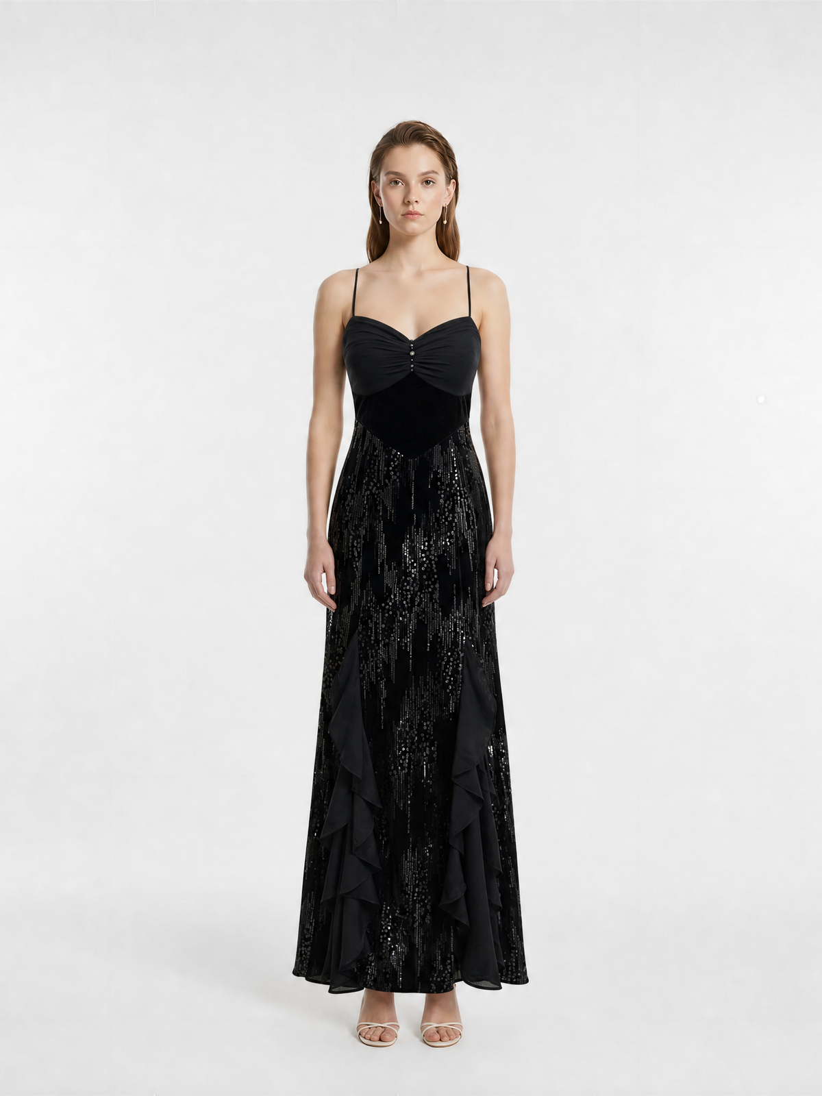 Black Ruched Sweetheart Thin Strap Velvet Bodice Vertical Stream Sequin Side Ruffle Mermaid Maxi Evening Gown
