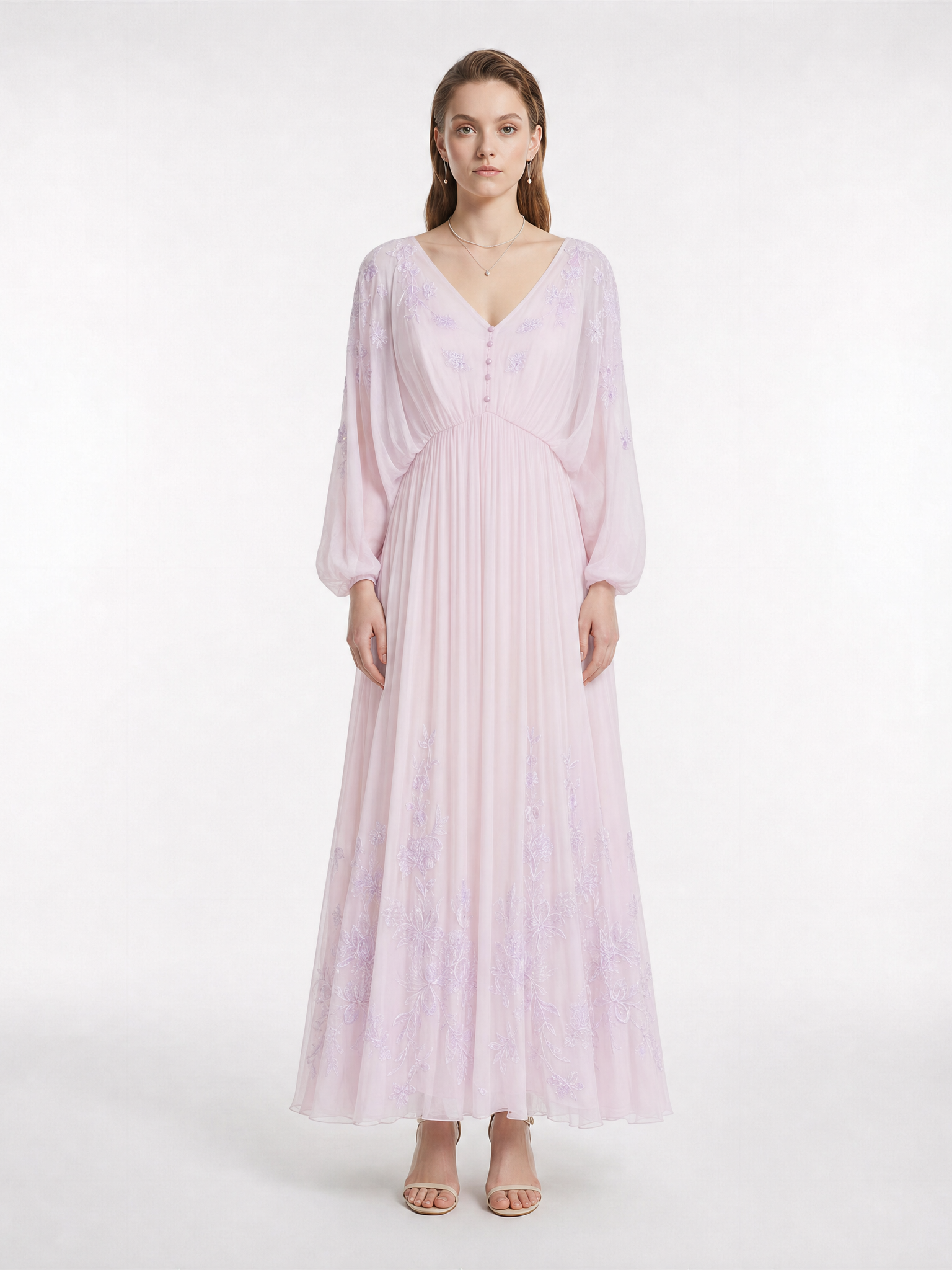 Lavender V-Neck Silk Georgette Maxi Dress with Position Embroidery & Batwing Sleeves