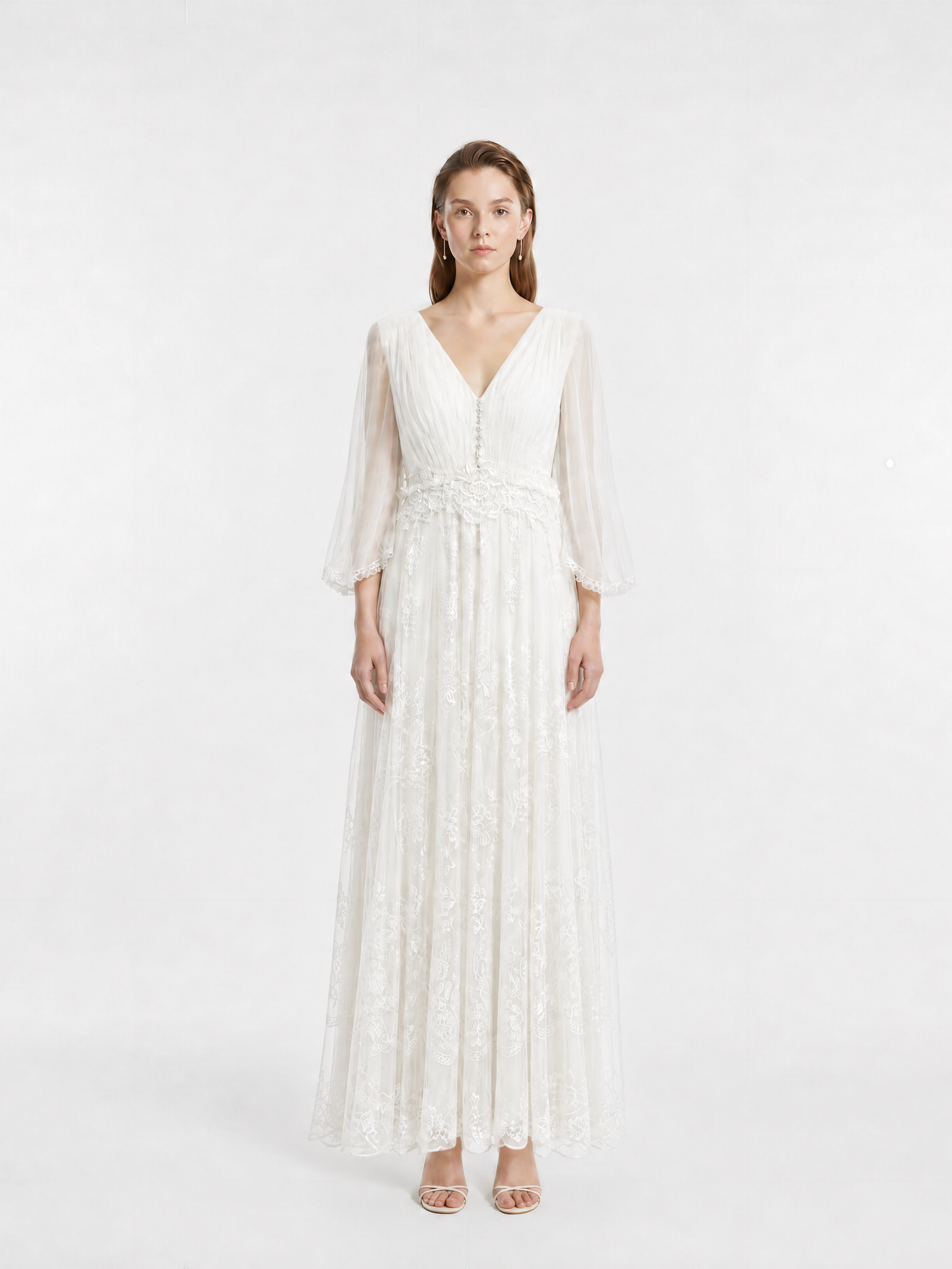 V-Neck Silk Crepon & Lace Beaded Maxi Dress, Two Colors Available