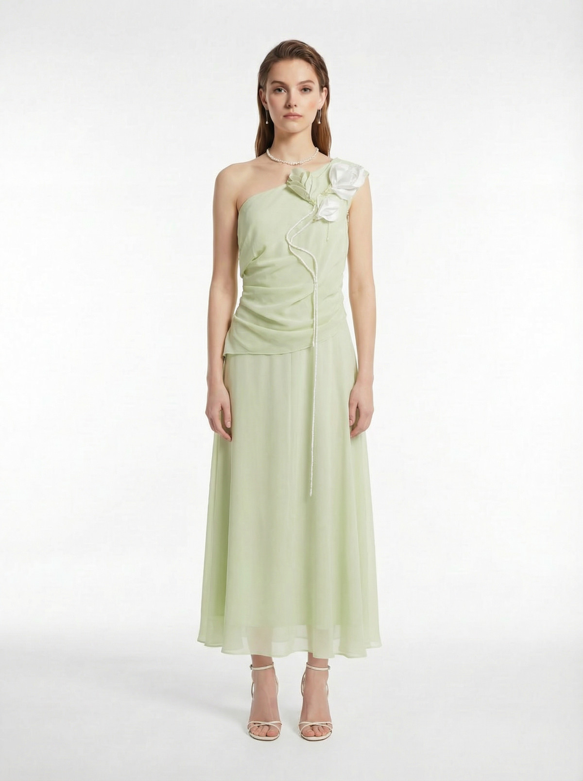 Light Green One-Shoulder Handmade Floral Beaded Tassel 100% Mulberry Silk Chiffon Maxi Dress
