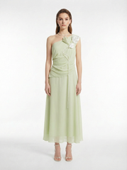Light Green One-Shoulder Handmade Floral Beaded Tassel 100% Mulberry Silk Chiffon Maxi Dress