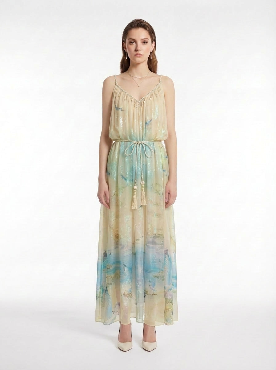 Ocean-Print Silk Georgette Halter Maxi Dress with Shell & Beaded Belt